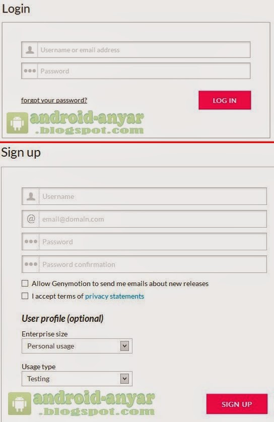 Sign in atau Sign up Genymotion