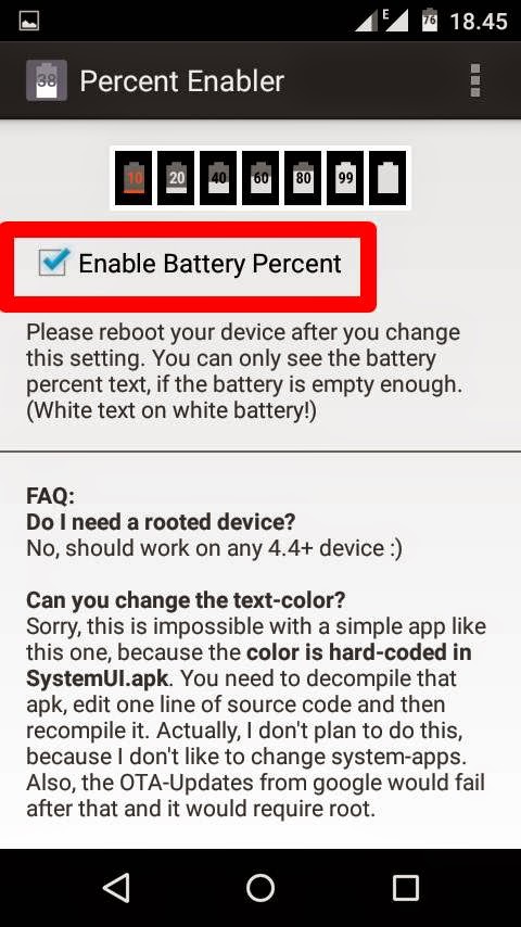 Cara mudah memunculkan prosesntase kapasitas batere di atas layar Android One Mito, Nexian atau Evercoss Work 100%