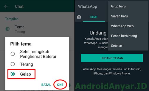 Berhasil membuat aplikasi WhatsApp mode Gelap warna Hitam di Android